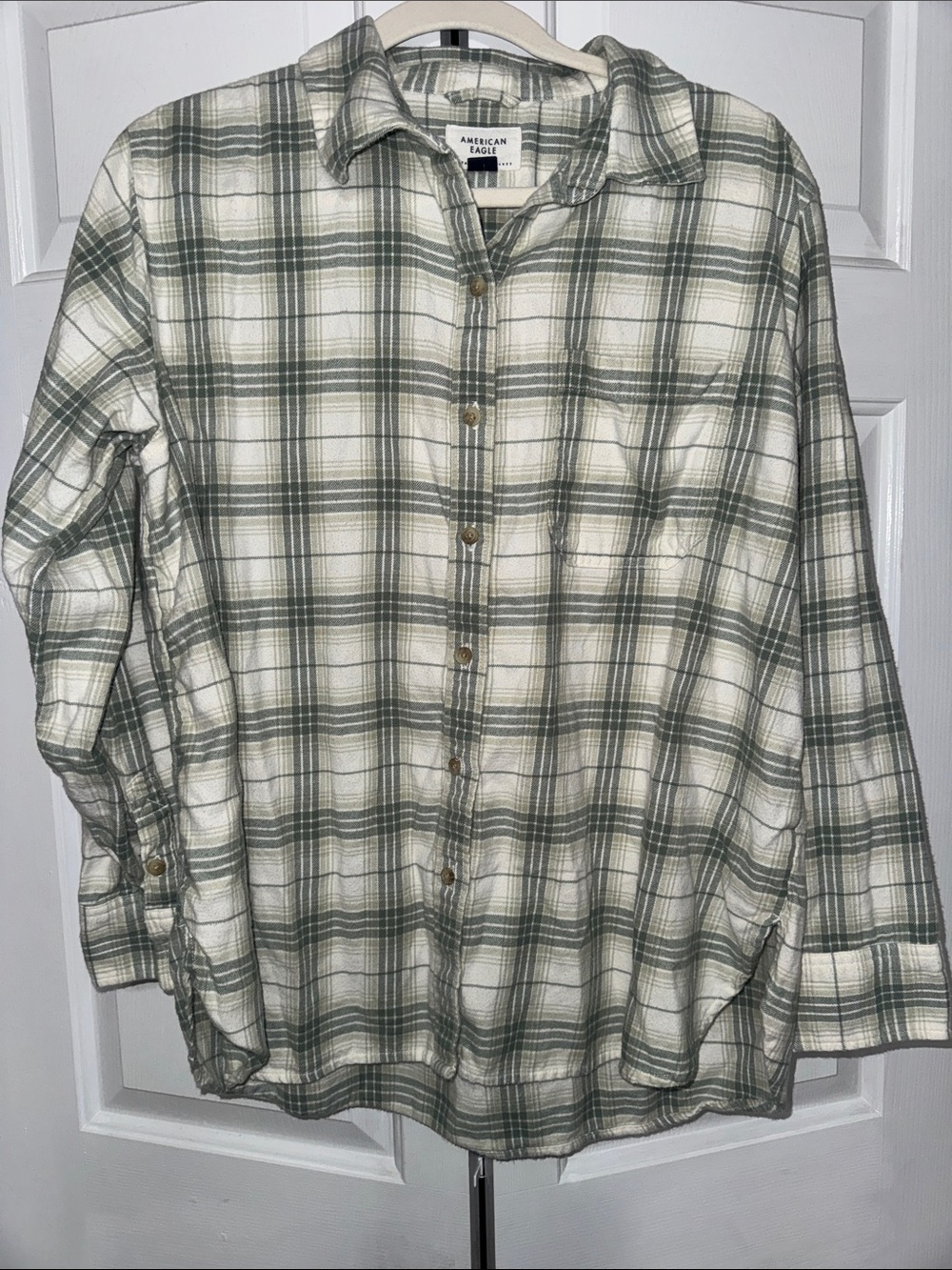 American Eagle Outfitters Green and Cream Plaid flannel Button-Up Shirt